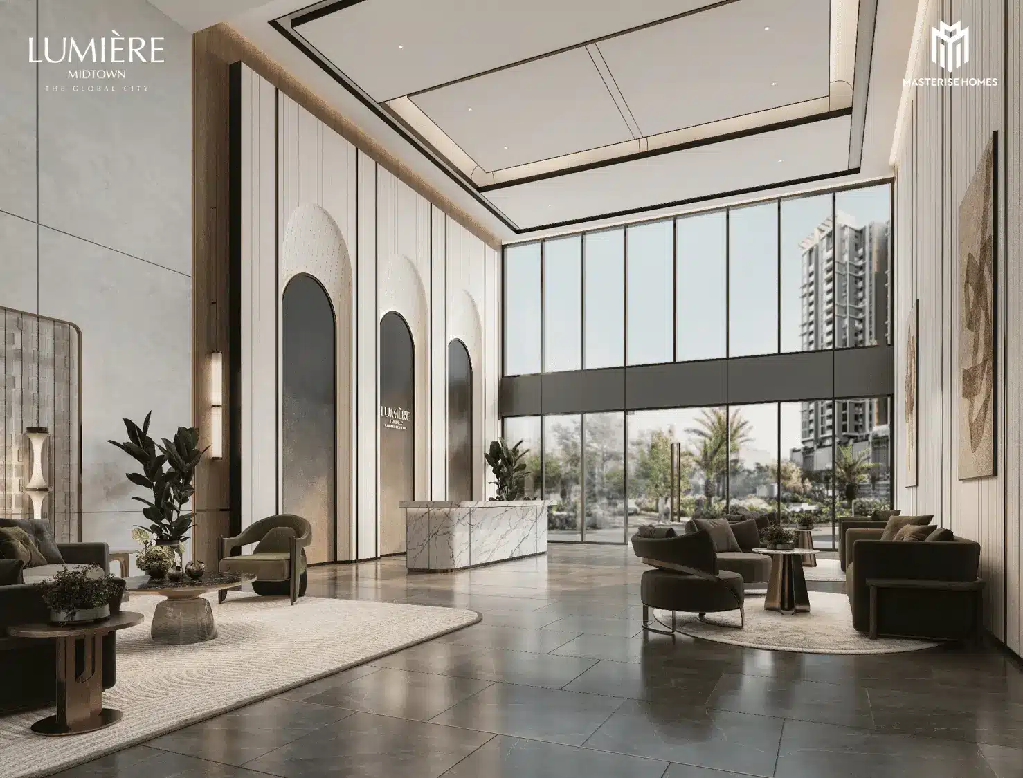 Khu vực sảnh đón khách sang trọng tại LUMIÈRE Midtown giúp mang đến trải nghiệm đẳng cấp và tinh tế.