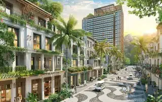 Quảng trường trung tâm tại Xanh Island Cát Bà với phố đi bộ, shophouse hiện đại và bãi tắm nhân tạo công cộng tiêu chuẩn quốc tế.